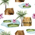 Amazon jungle, huts, river, water lily and lotus watercolor seamless pattern