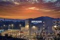 Amazon logistics warehouse in Siero, Asturias in Spain at sunset Royalty Free Stock Photo