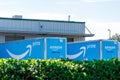 Amazon Prime delivery trucks at receiving dock of Amazon Fulfillment Center - Newark, California, USA - 2020