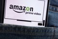 Amazon Prime Video logo displayed on smartphone hidden in jeans pocket Royalty Free Stock Photo