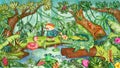 Amazon Rainforest Jungle pond Wildlife Backdrop Background. Cute oil pastel drawing crayon doodle