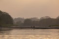 Amazon rainforest sunset during a boat trip with a reflection of the trees in the water. Puerto Francisco de Orellana. Ecuador. Royalty Free Stock Photo