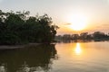 Amazon rainforest sunset during a boat trip with a reflection of the trees in the water. Puerto Francisco de Orellana. Ecuador. Royalty Free Stock Photo