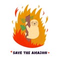 Amazonian forest in fire. Sloth in flame
