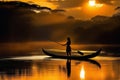 Amazonian indigenous man in his canoe at dusk Royalty Free Stock Photo