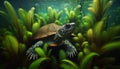 Amazonian River Turtle Among Aquatic Plants Royalty Free Stock Photo