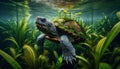 Amazonian River Turtle Among Aquatic Plants Royalty Free Stock Photo