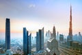 Amazung Dubai city center skyline at sunset, United Arab Emirates