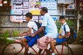 Regular public Sri Lankan bus stop. Moring traffic in the city Ambalangoda