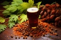 amber ale beer surrounded by sprigs of fresh hops