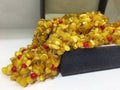 Amber beads necklace in an open brown jewelry box. Royalty Free Stock Photo