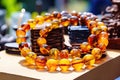 Amber Beads in a Street Shop, Baltic Sea Souvenir, Natural Jewelry, Gold Brown Stone Necklace Royalty Free Stock Photo