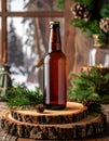 Amber Beer Bottle on Rustic Wood Slice with Pine Branches and Snow Background Royalty Free Stock Photo