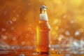 Amber beer bottle with water splash isolated on orange background Royalty Free Stock Photo