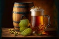 amber beer in hop ears and beer barrel on wooden board Royalty Free Stock Photo