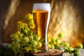 Amber beer with a sprig of hops on a wooden Board. Foam intoxicating drink in a glass glass with water droplets on. Cold Hoppy bee Royalty Free Stock Photo