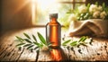 Amber bottle with essential oil and fresh green olive branches on a rustic wooden table