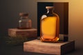 Amber bottle mockup. A glass bottle of cosmetics standing on a wooden podium.