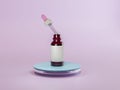 Amber bottle with pipette with essential oils. Lavender studio floating podium. 3d trendy minimal render. Natural