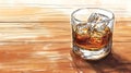 Single Malt Scotch Whisky in Glass with Ice Cubes on Rustic Wooden Table