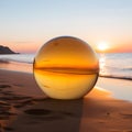 An amber colored glass ball on the beach at sunrise - AI generated Illustration