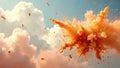 Amber explosion in a cloudy sky abstract orange dust cloud burst amidst soft pastel cloudscape. Generative AI Royalty Free Stock Photo