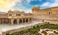 Amer Fort medieval royal palace architecture with garden at sunrise at Jaipur, Rajasthan, India Royalty Free Stock Photo