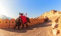Amber Fort panorama: tourists on the elephants, Jaipur, India