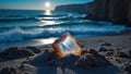 Amber Geode on Beach at Sunset, Reflecting Ocean Waves Royalty Free Stock Photo