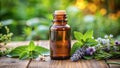 Amber glass bottle with herbal essences, surrounded by a variety of fresh herbs and flowers on a rustic wooden table