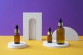 Amber glass dropper bottle with metallic lid on the white podium, arch and geometric shapes. Royalty Free Stock Photo