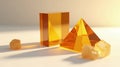 Amber glass prism and pyramid with raw crystal pieces on a light surface Royalty Free Stock Photo