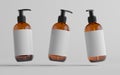 Amber Glass Pump Bottle Mock-Up - Liquid Soap, Shampoo Dispenser - Three Bottles. Blank Label. 3D Illustration