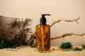 Amber glass pump dispenser bottle with natural shampoo. Tree branch, bark birch, moss on background