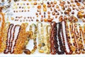 Amber necklaces and earrings in a shop in Vilnius, Lithuania