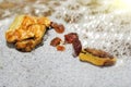 Amber. the pieces of amber in the sand on the beach.