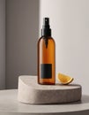 Amber Spray Bottle Mockup on a stone gray podium with lemon. Promotion of natural cosmetics Royalty Free Stock Photo