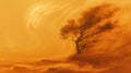 An amber tree stands alone in a desert during a sandstorm, under an orange sky