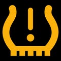 Amber vector graphic on a black background of a dashboard warning light for tyre pressure problem