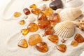 Ambers and Seashells on Sand Background Flat Lay Top View Royalty Free Stock Photo