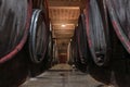 Wine casks in the winery underground storage room