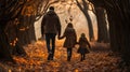 Ambiguous family relationships. Diverse families in natural settings in daily life. Back of happy family walking in autumn park.