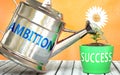 Ambition helps achieving success - pictured as word Ambition on a watering can to symbolize that Ambition makes success grow and