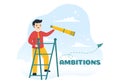 Ambition Illustration with Entrepreneur Climbing the Ladder to Success and Career Development in Flat Cartoon Business Plan