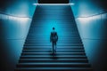 Ambitious businessman climbing blue stairs to meet incoming challenge and business opportunity. The high stair represents the