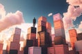 Ambitious Businessman Climbing Boxes to the Top - Multilayer Paper Art with Sunny Sky Background, Generated by AI