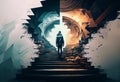 Ambitious man climbing stairs to meet incoming challenge and life opportunity. Double exposure. The high stair represents the