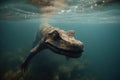 An ambitious water dinosaur taking the plunge diving deep in its search for food.. AI generation