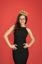 Ambitious woman. Woman boss red background. Sexy woman wear luxury crown. Pretty woman in formalwear. Selfish and