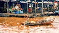 Ambodian people live on Tonle Sap Lake in Siem Reap, Cambodia. Old woman rowing a boat